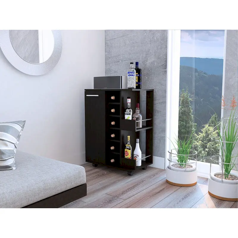 Bartlet 2-Shelf 6-Bottle Bar Cart with Division Black Wengue for Kitchen, Party and Living Room