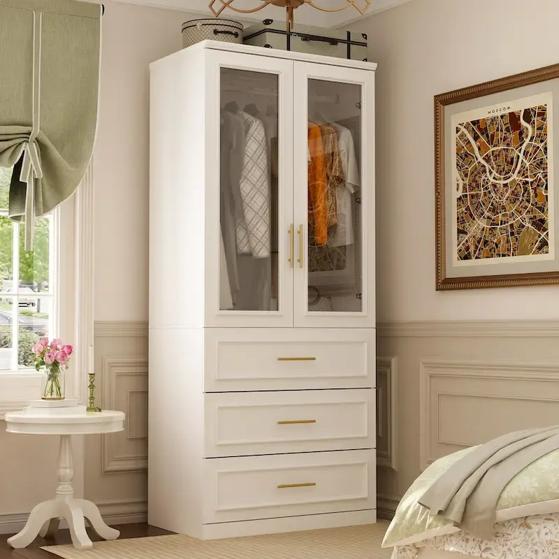 White Wardrobe Armoire Closet: Double - glass - door Design with Gold Handles and a Hanging Rod, Ideal for Organizing Clothes