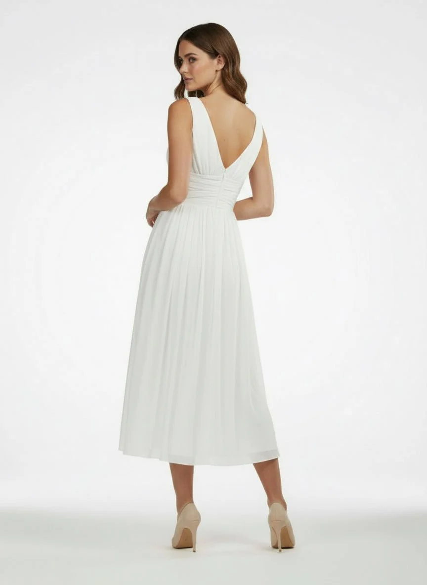 V-Neck Sleeveless Tea-Length Chiffon Wedding Dress With Ruching And Low-V Back