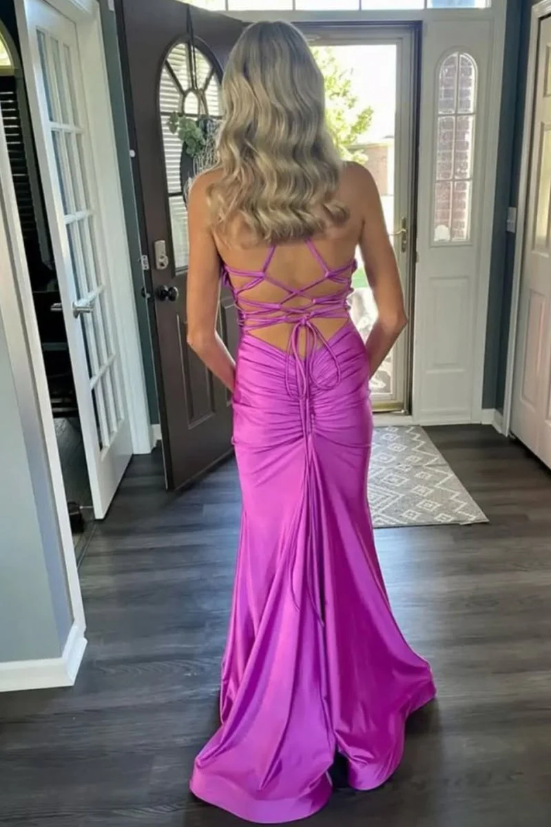 Mermaid V-Neck Satin Formal Dress with Lace-Up Back