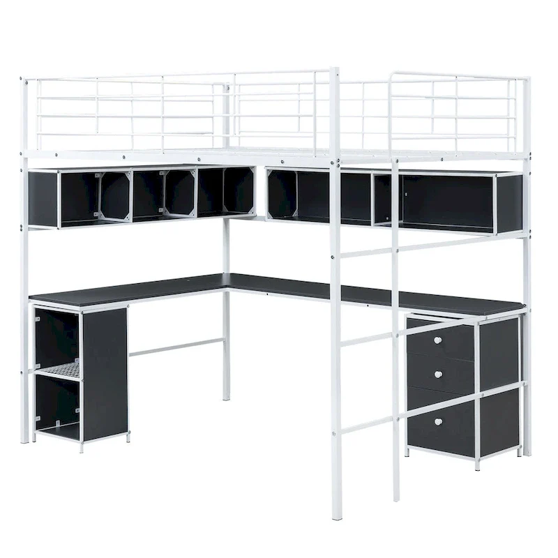 Black Full Metal Loft Bed with Bookcase, Desk & Cabinet – Full Size, 1 Person
