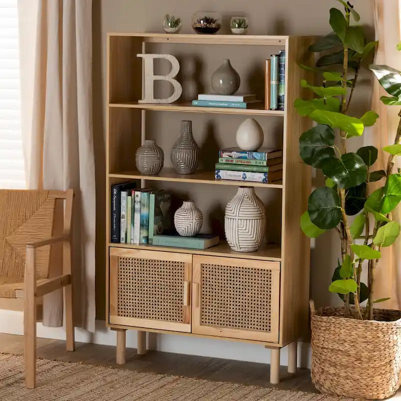 Beige & Natural Brown Mid-Century Bookcase with Rattan Accents – 1-Person Assembly