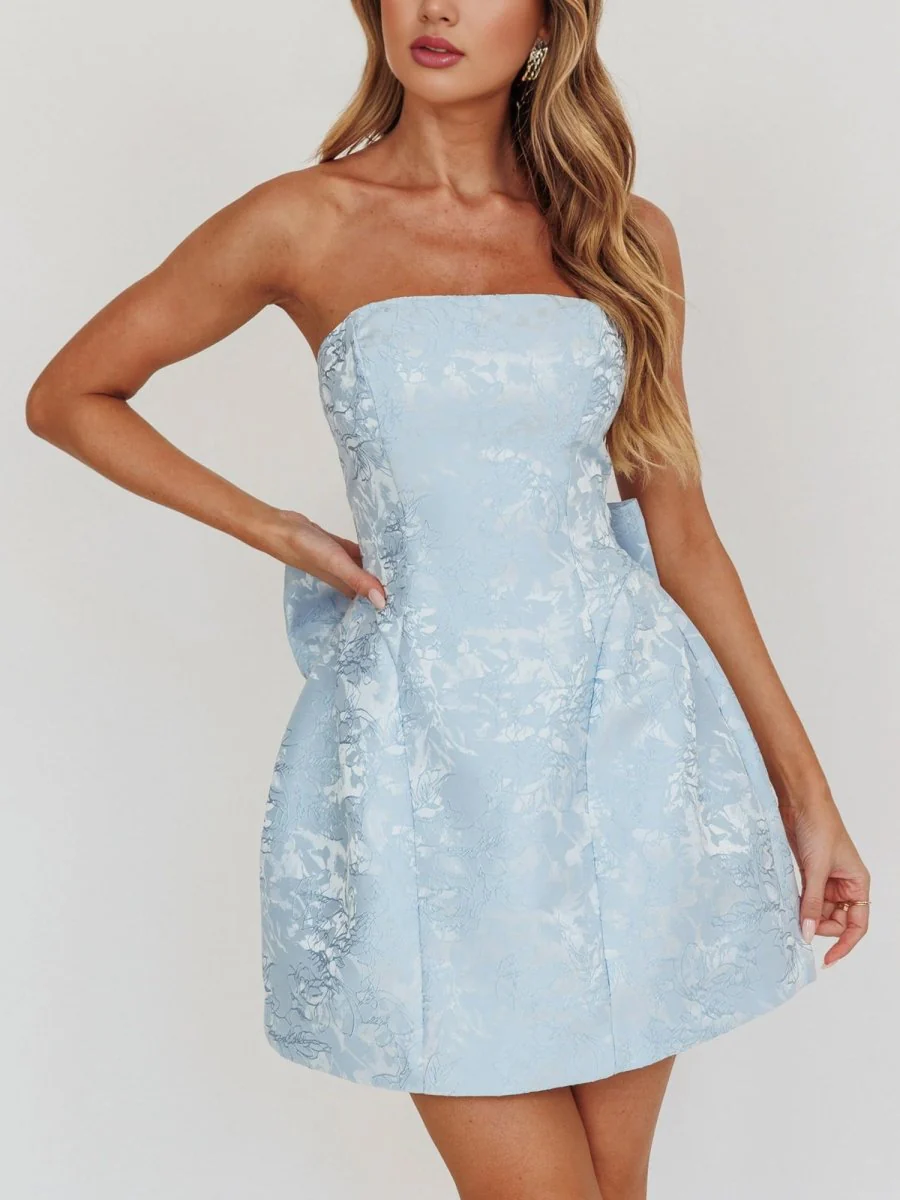 Sky Blue - Strapless Jacquard A Line Homecoming Dress With Bowknot