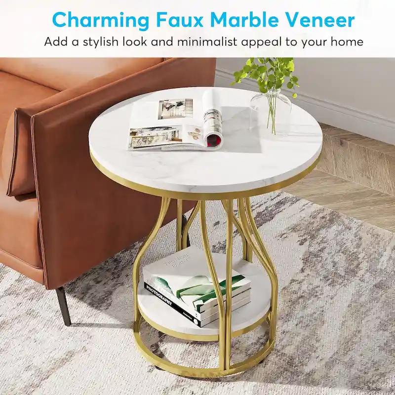 2-Tier Faux Marble Round End Side Table with Stylish Metal Frame,Modern Simple Bedside Nightstand Accent Tables