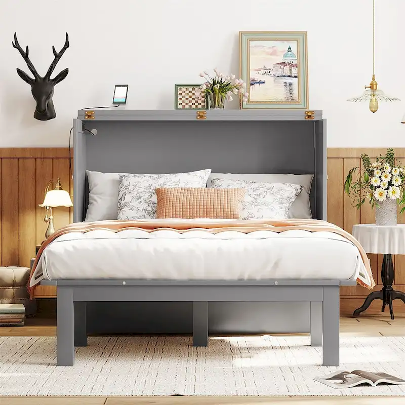 Grey / White Queen / Full Wall Fold-Down Bed with USB Port – 1 Person