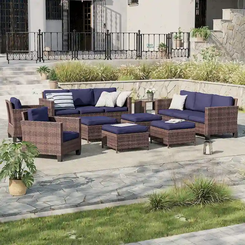 LIVOOSUN 9Pcs Patio Sofa Set Brown PE Wicker Outdoor Furniture Ottomans w/Table