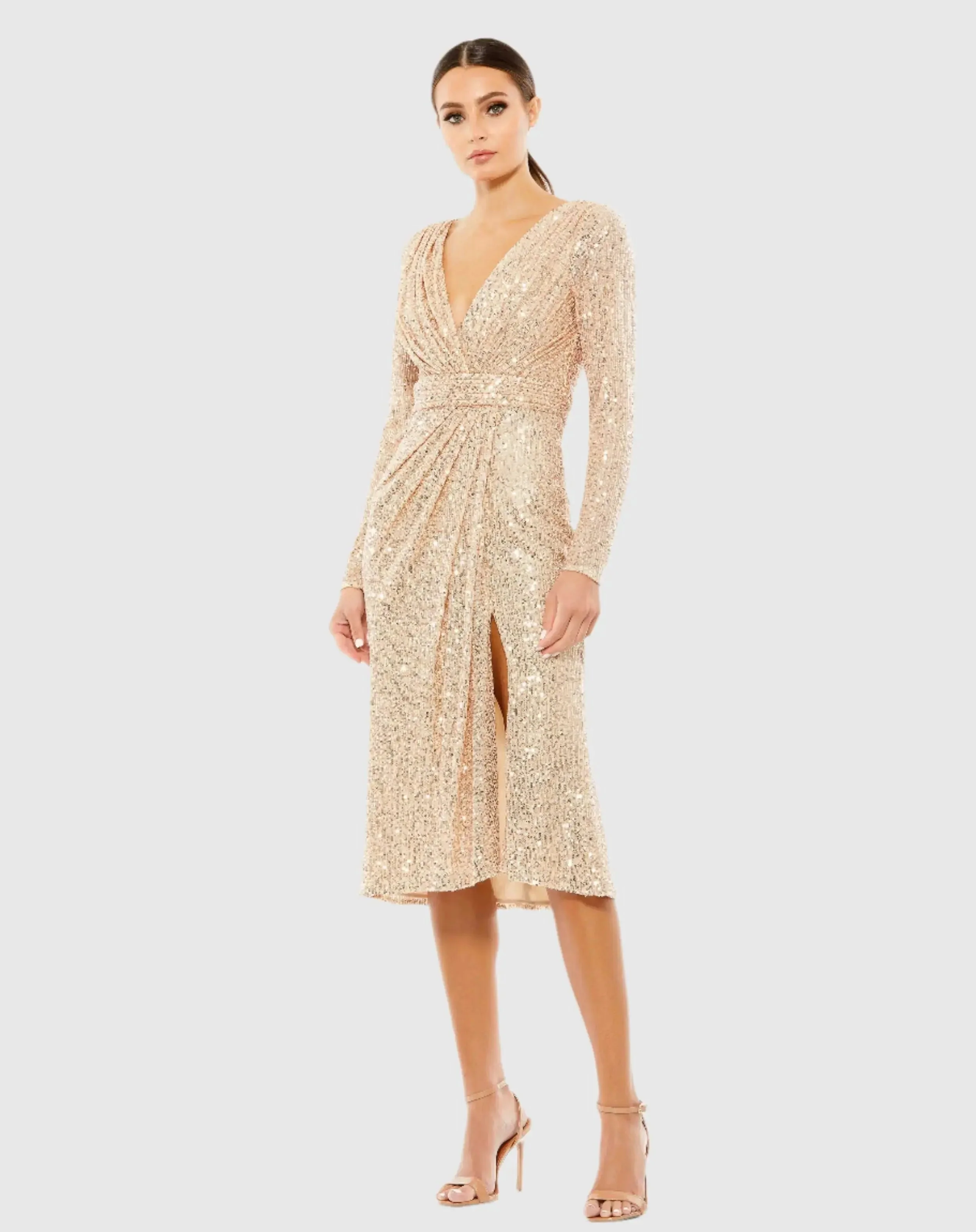 Pink Sequined Long Sleeve Midi Dress