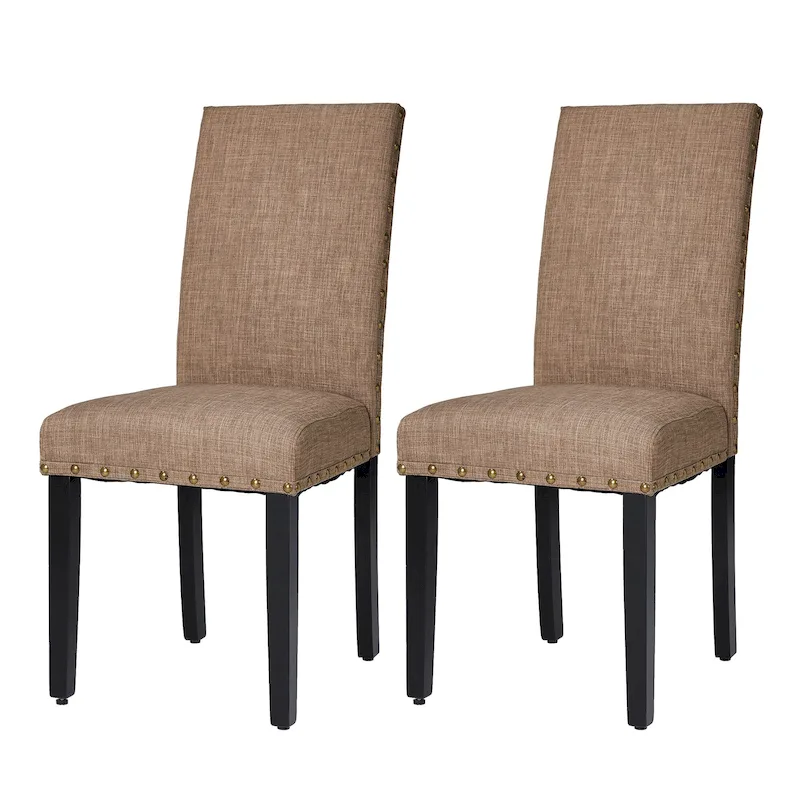 High Back Linen Fabric Dining Chairs with Nailhead Trim – Grey / Cream White / Tan