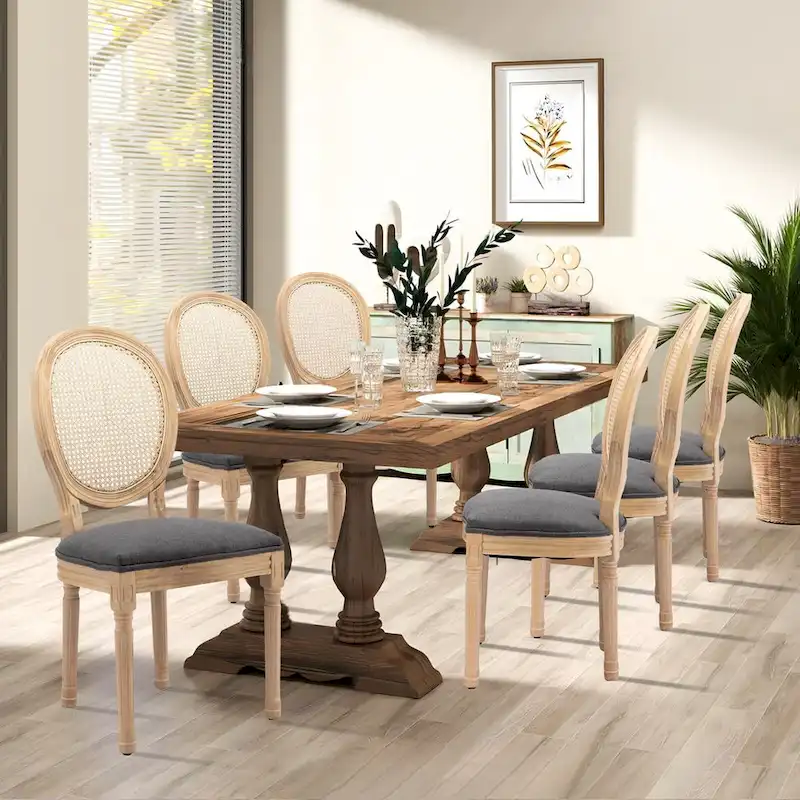 Farmhouse French Dining Room Antique Painting Chairs with PU Set of 6