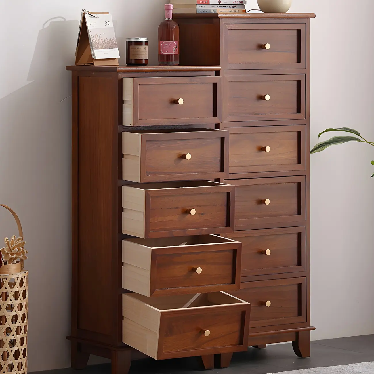 Industrial Rectangular Brown Wooden Drawer Cabinet