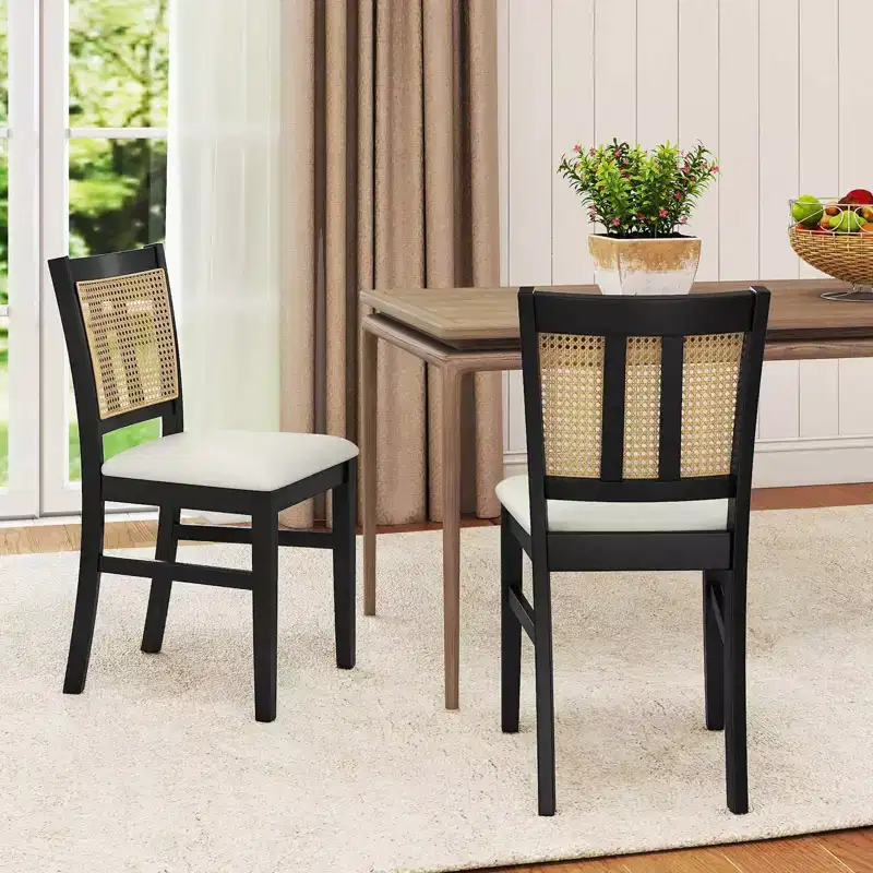Costway Farmhouse Rattan Dining Chair Set of 2/4 Fabric Upholstered Kitchen Chairs