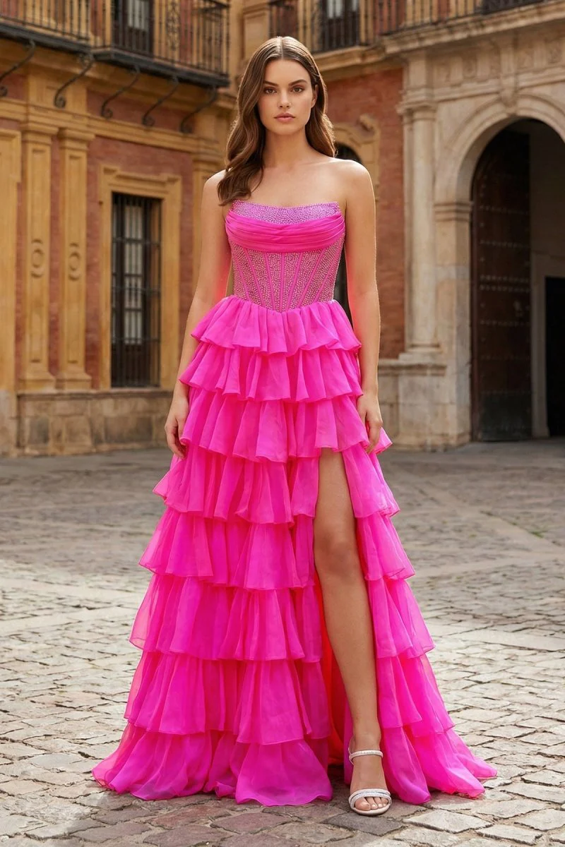 Fuchsia - A Line Strapless Chiffon Beaded Corset Long Prom Dress With Slit