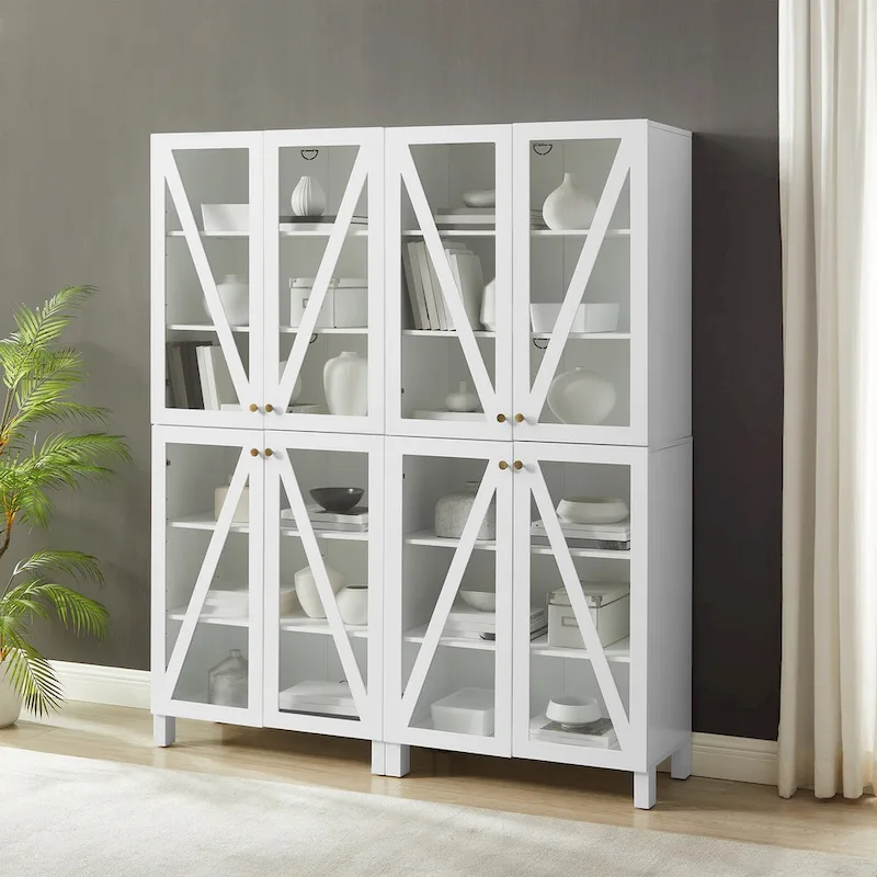 White Farmhouse Storage Pantry Cabinet Set with Glass Doors, 2-Piece