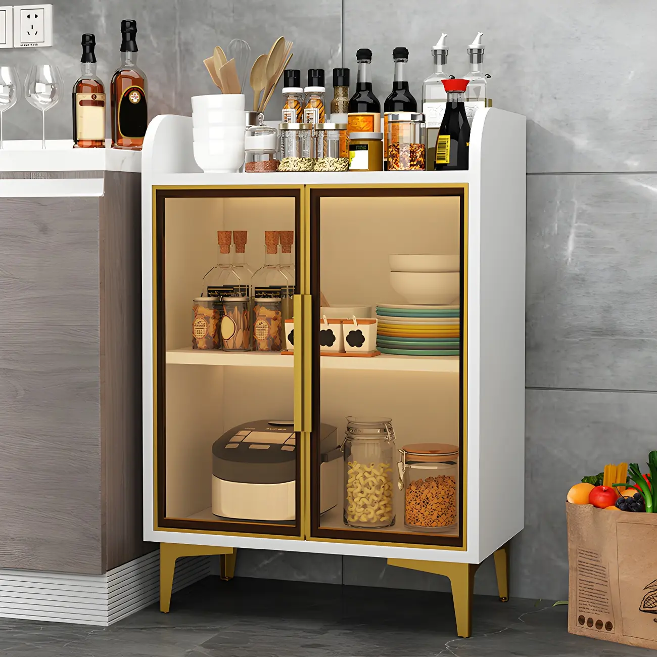 Glam White/Grey Wooden Sideboard with Glass Doors