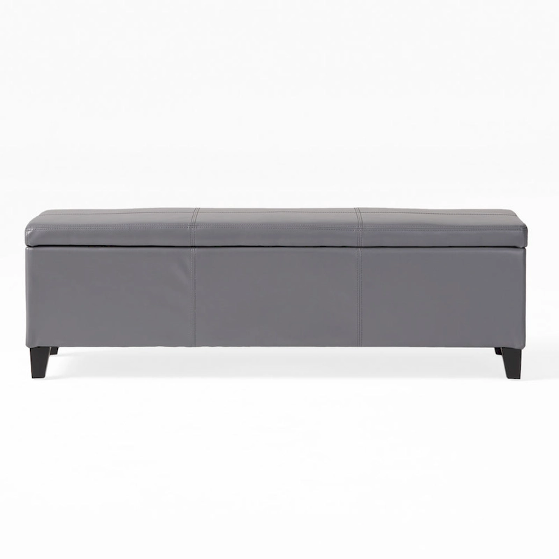 Elias Storage Ottoman Bench, Gray Faux Leather, Stitch Detail, 51 Inch