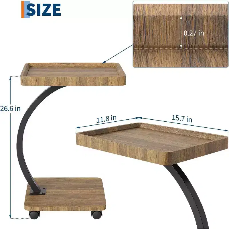 Acekool C-Shaped End Table with Rolling Wheels, 2-Tier Storage Side Table, Compact TV Tray Table for Living Room, Bedroom, Walnut Finish
