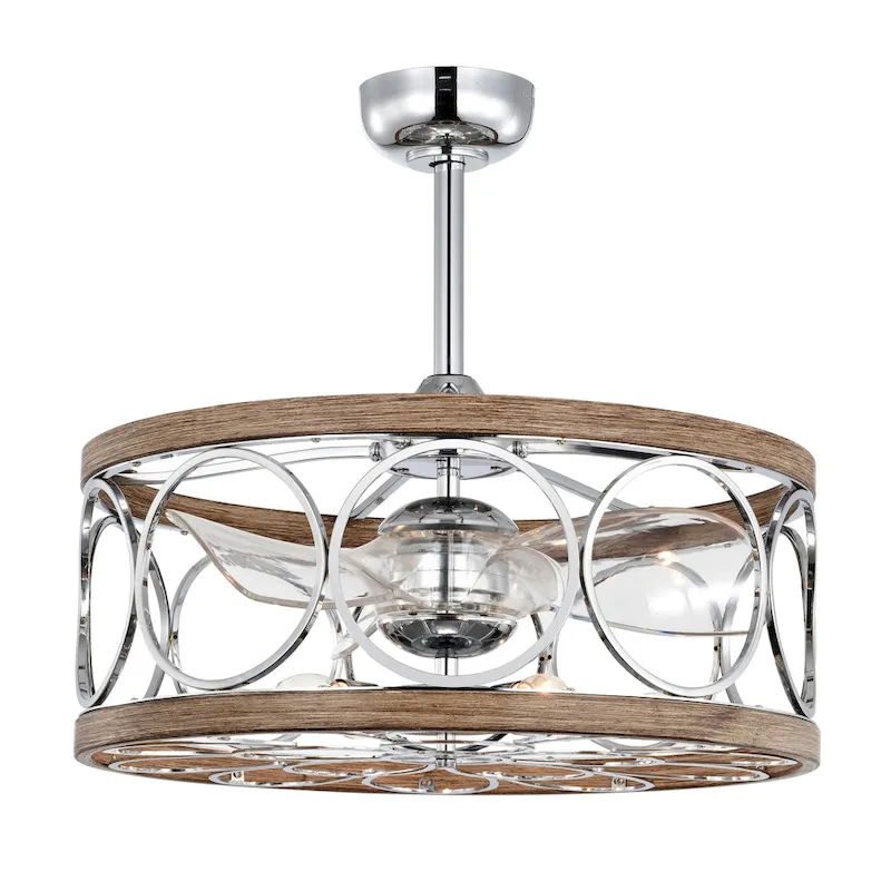 Ofelia 24-inch Chrome and Faux Wood 6 Lights 3 Blades Lighted Ceiling Fan with Remote