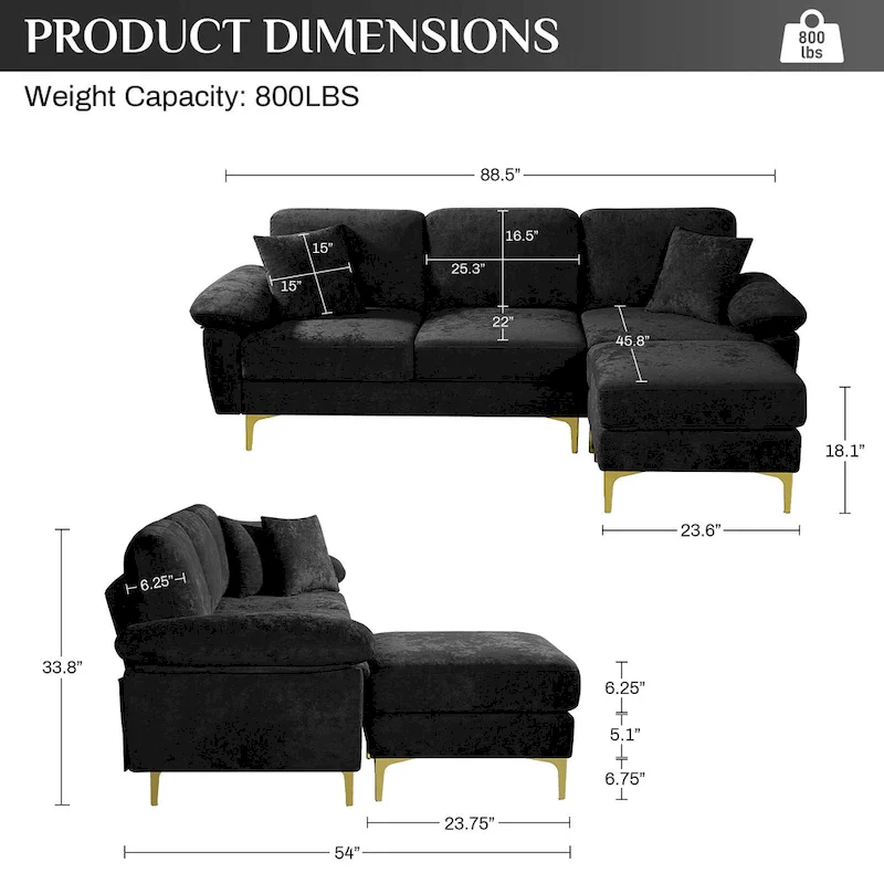 Upholstered Velvet Sectional Sofa with Pillows & Ottoman