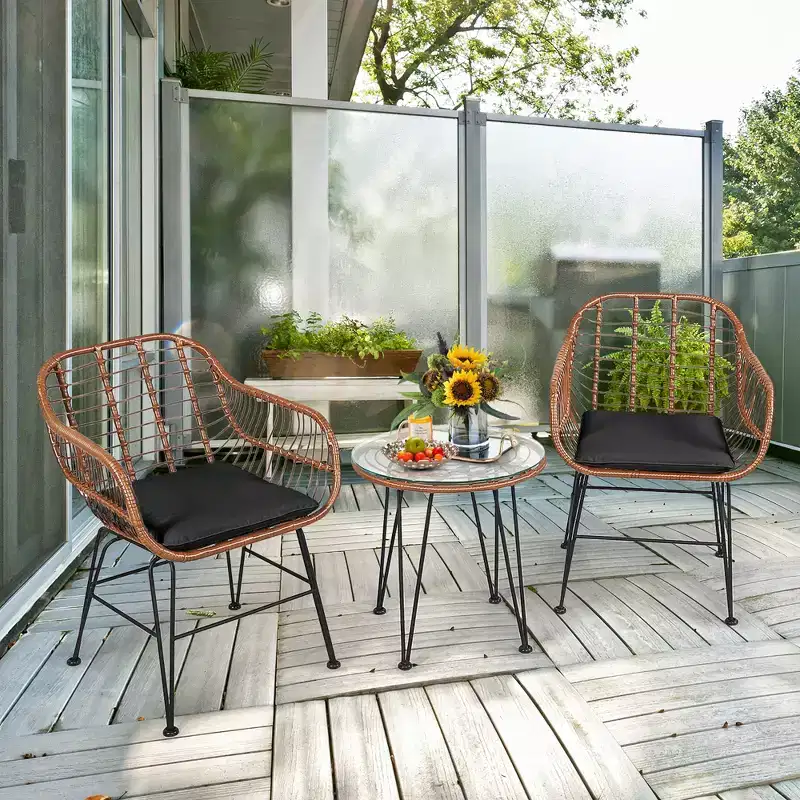 Costway 3PCS Patio Rattan Bistro Set Coffee Table Armchair Garden