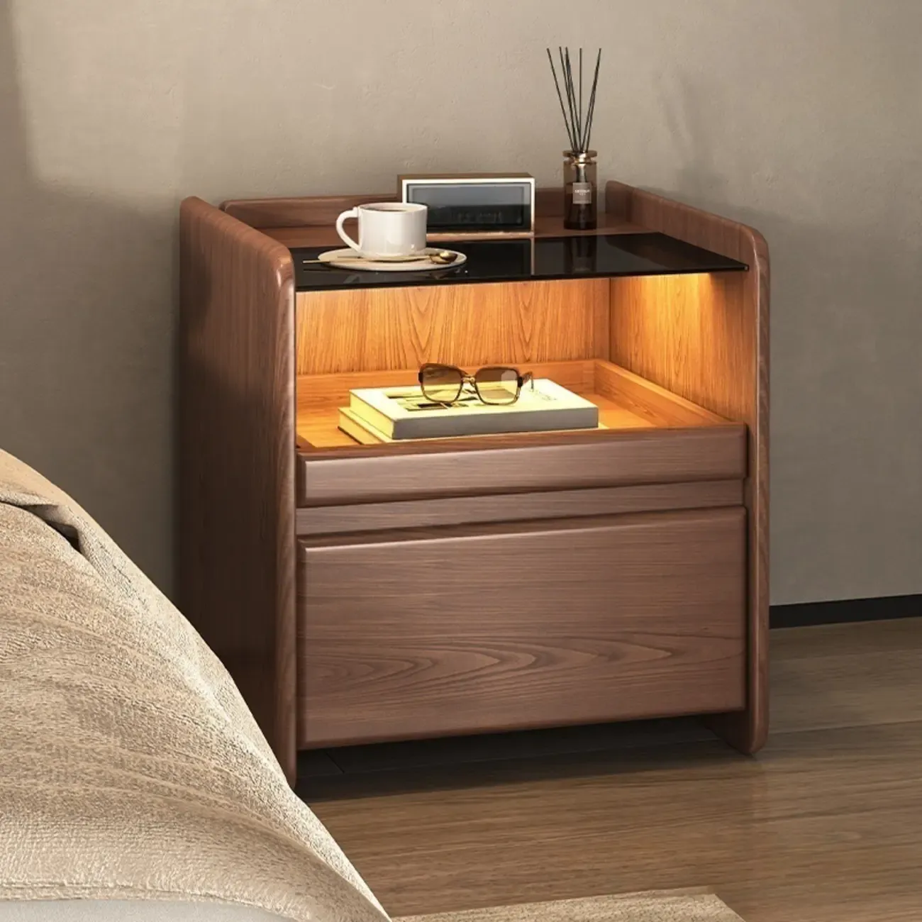 Nut-Brown Wood Glass Top Drawer Nightstand with Light