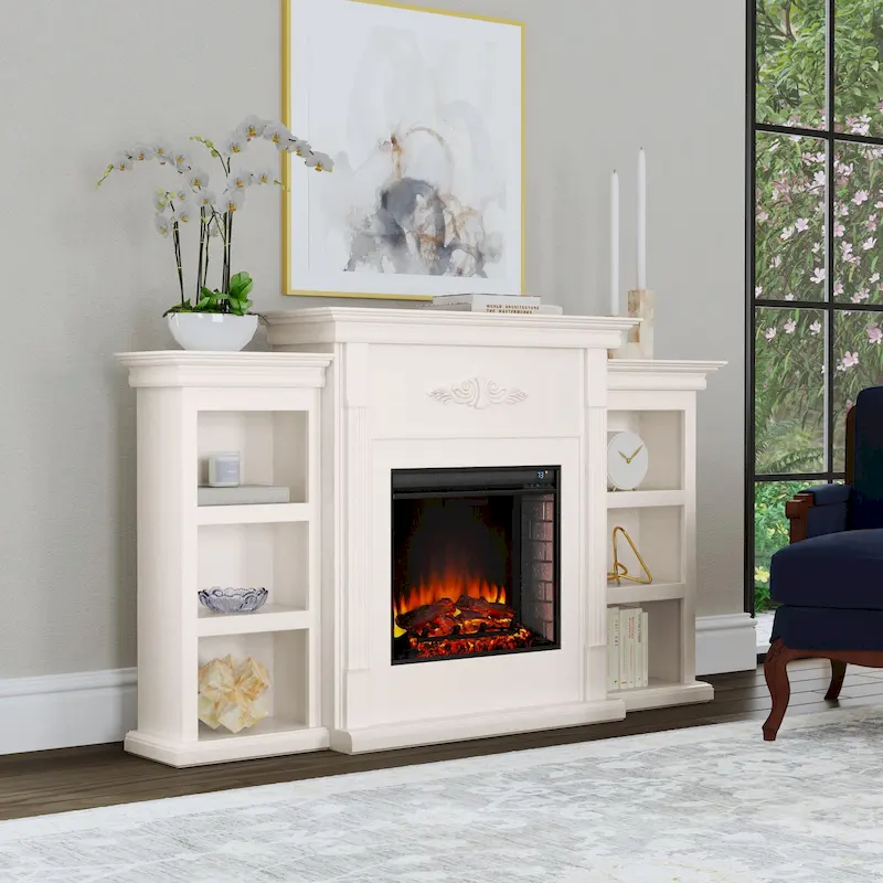 Electric Fireplace Mantel Console with Bookcase Storage, Ivory