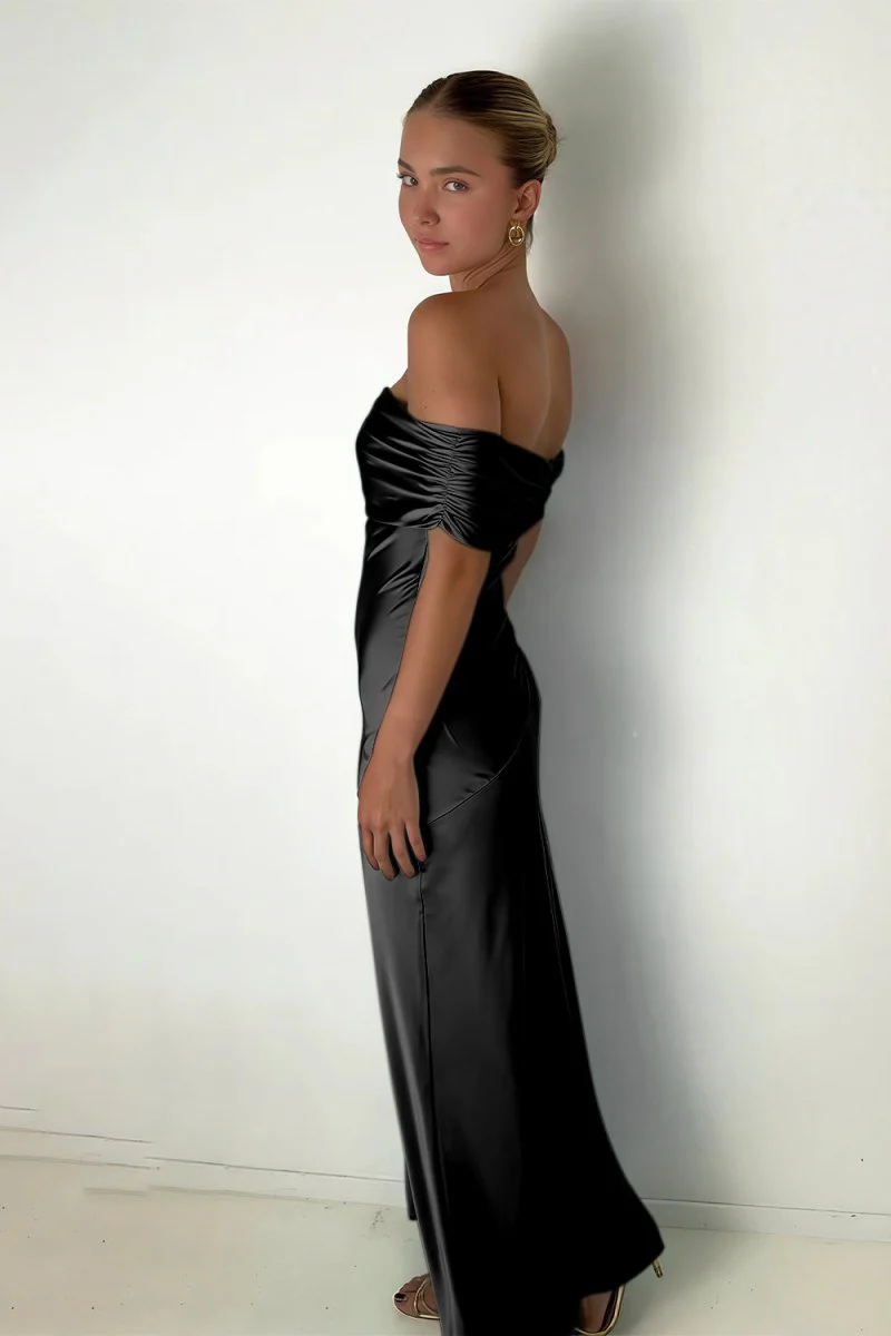 Aqua Sheath Off The Shoulder Satin Long Prom Dresses