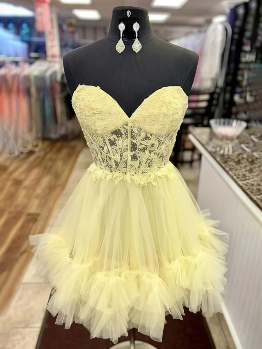 Yellow - A-Line Sweetheart Ruffle Tulle Homecoming Dress With Appliques