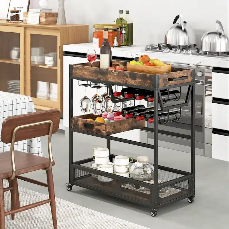 Rolling Bar Cart 3-Tier Industrial Buffet Serving Trolley w/