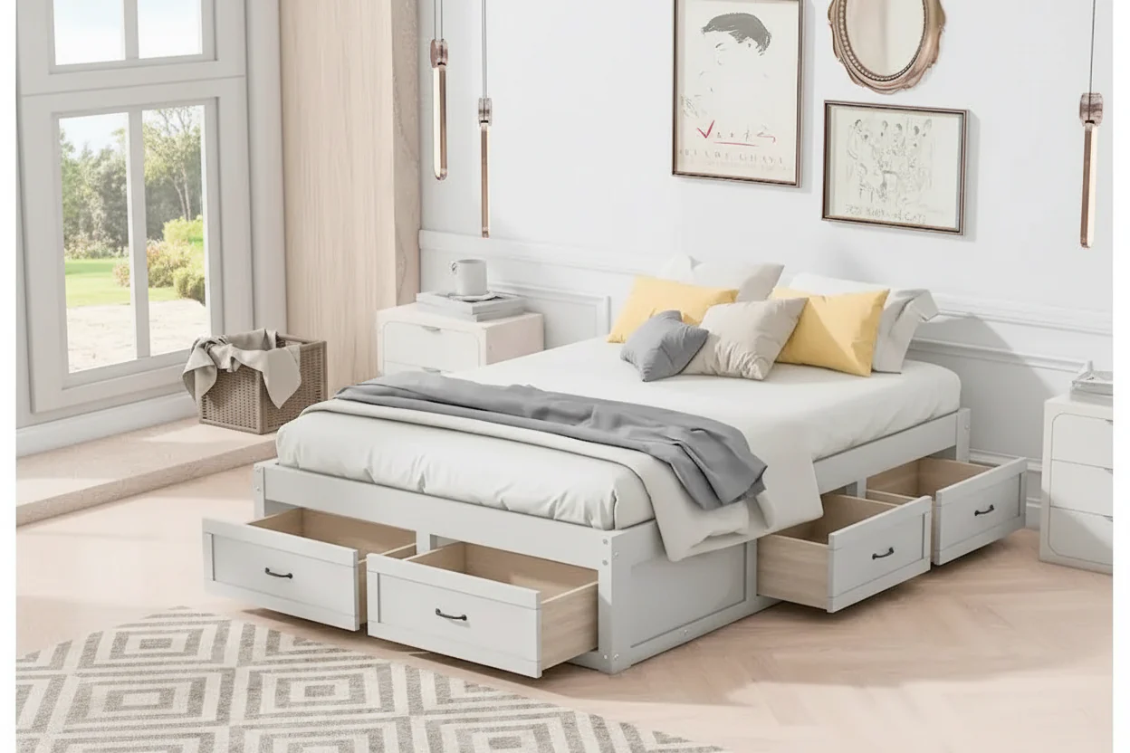 Antique White / Gray / Natural Full Size Platform Bed with 6 Storage Drawers – Single/Couple