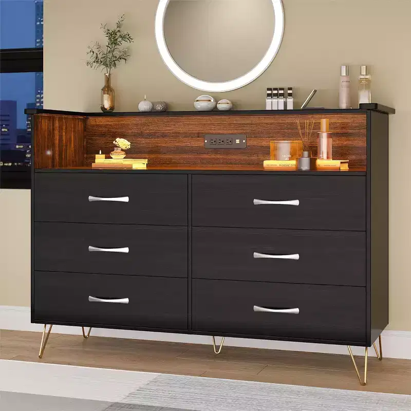 CuisinSmart 6-Drawer Dresser, 45 Inch TV Stand Dressers with Power Outlet, Wide Bedroom Dresser Chest with Open Space