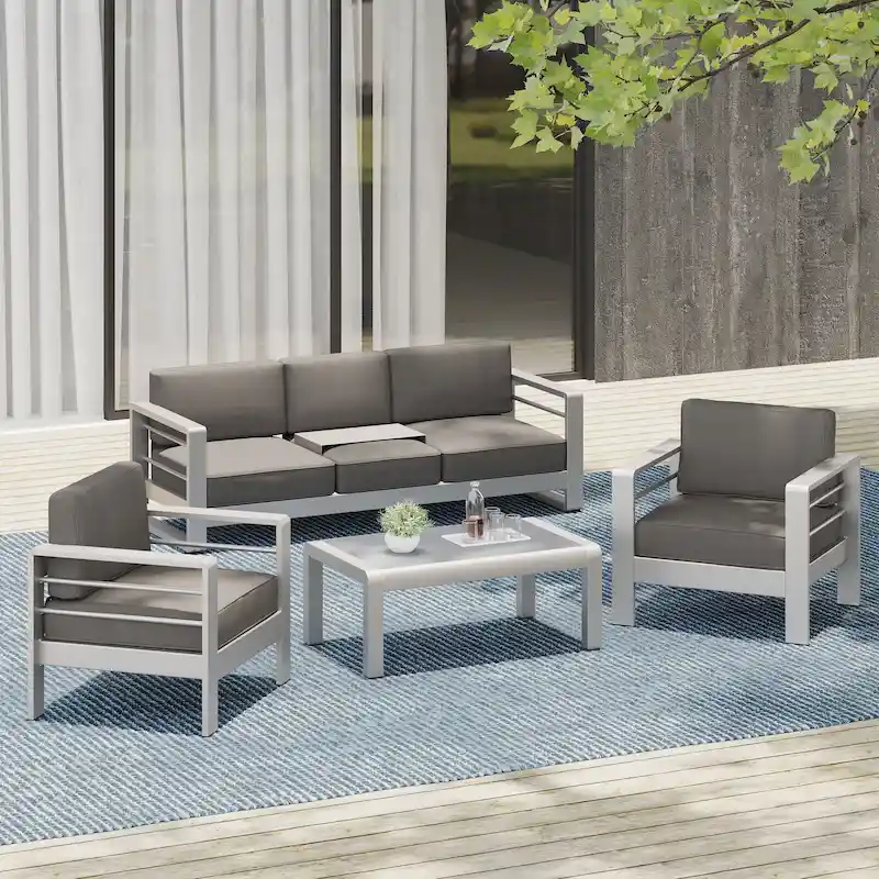 Cape Coral Outdoor 4 Piece Aluminum Chat Set with Water Resistant Cushions by Christopher Knight Home