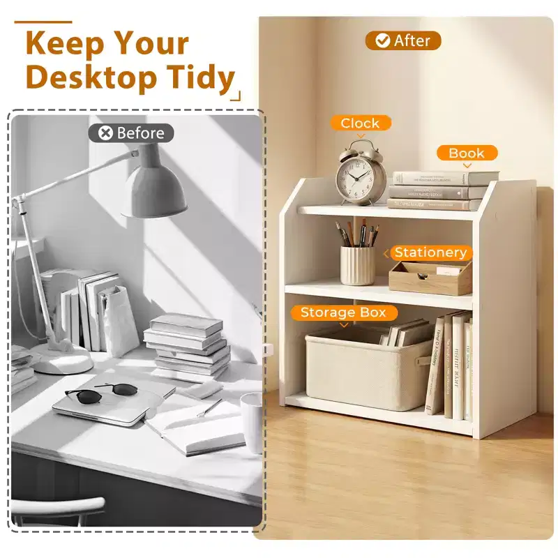 Costway 3-Tier Desktop Bookshelf w/Raised Top Guardrails Space-Saving Desk Display Shelf