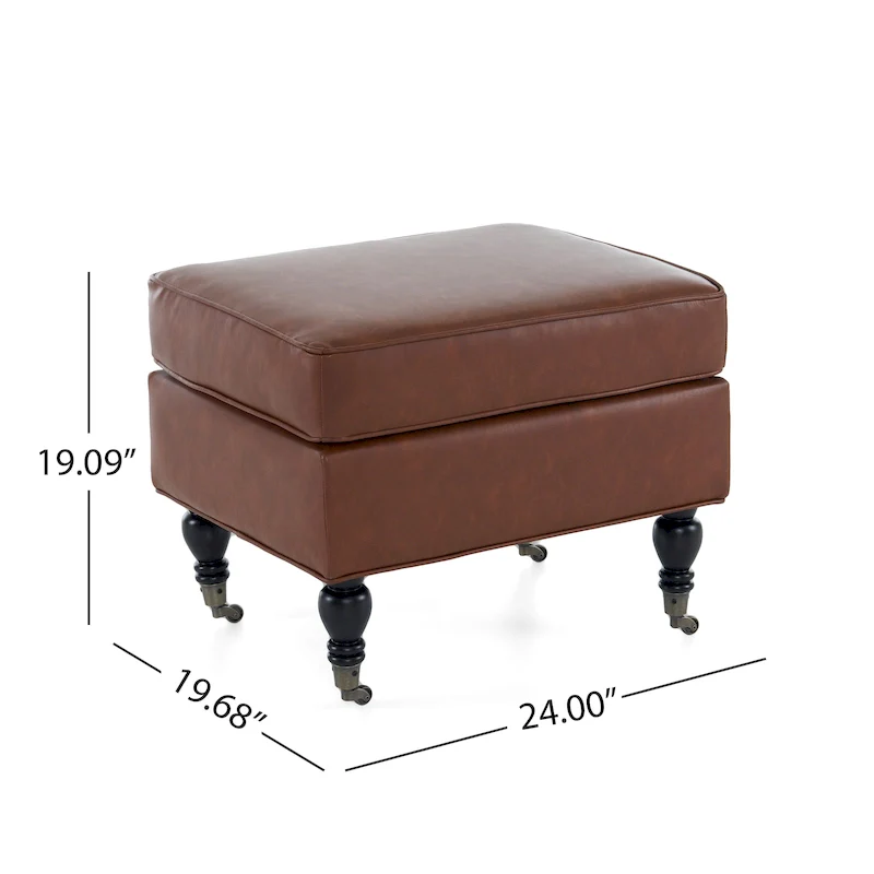 Brown Classic Square PU Leather Ottoman with Wood Legs & Casters, 1-Person