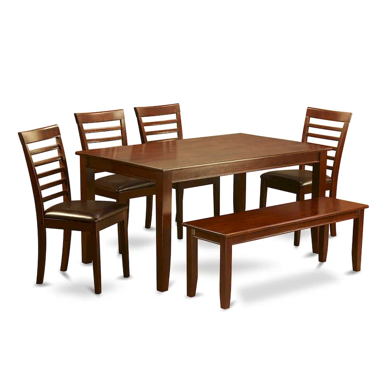 Mahogany 6-Person Dining Set, Wood/Faux Leather Chair Options – Table, 4 Chairs & Bench