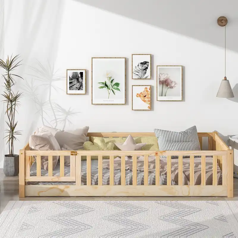 Natural / Espresso / White / Grey Twin Floor Bed with Fence & Door, 1-Child