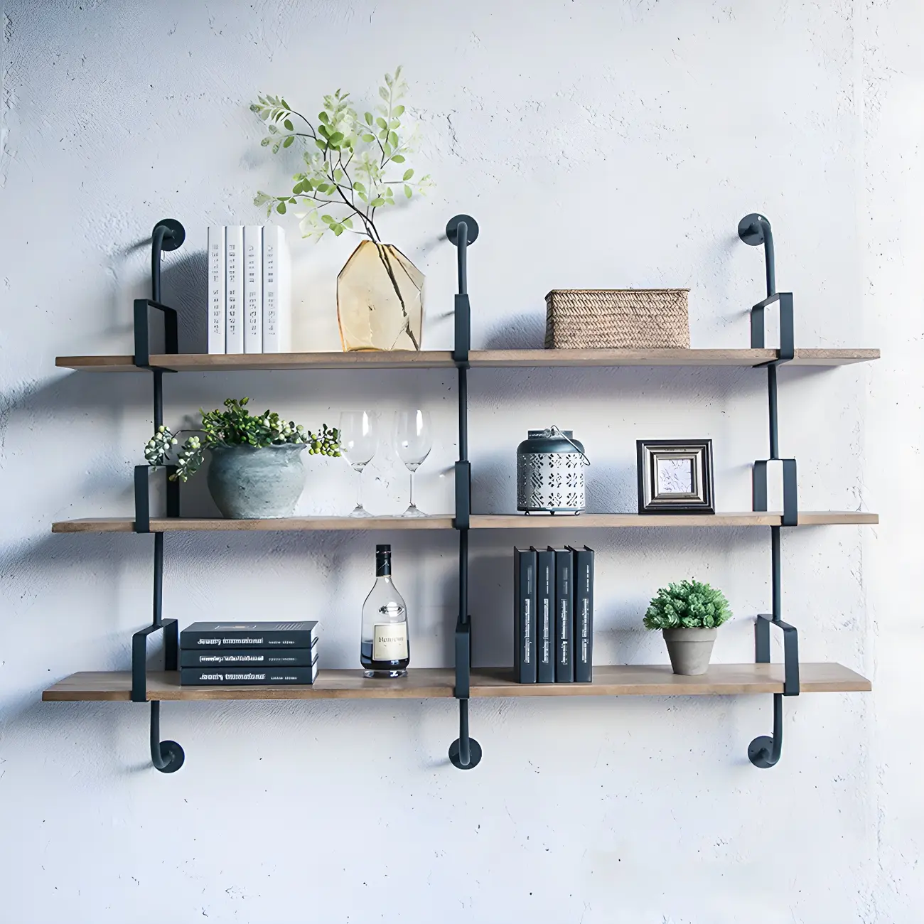 Simple 2-Tier Wood Metal Wall-Mounted Bookcase