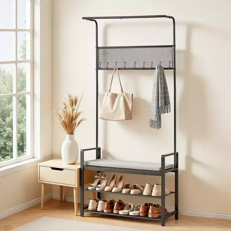 VEVOR Hall Tree, 72 in Coat Rack with Shoe Bench, Freestanding 2-Tier Shoe Rack Storage Organizer with Hooks, Hanging Rod and Wire Shelf,Brown & Black