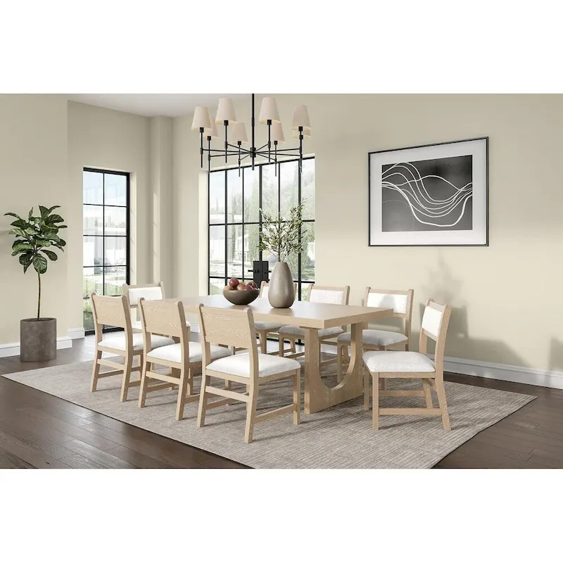 Modern Wood Rectangular Kitchen Table with Eight Chairs, Dining Table and Eight Seats, Light Brown