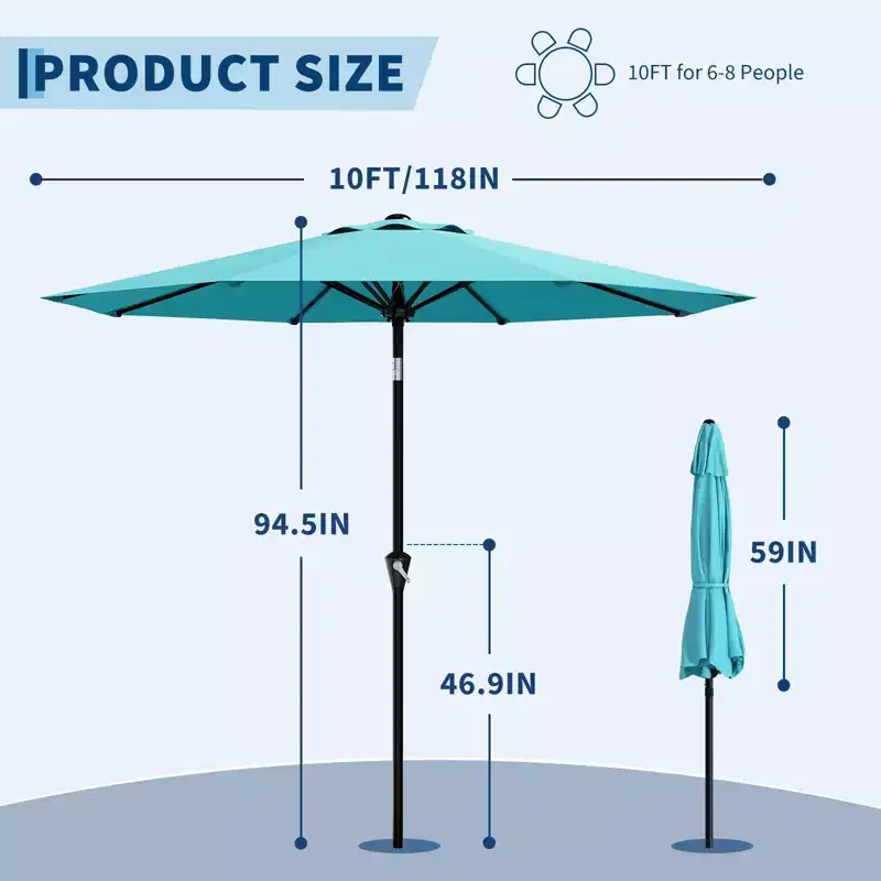 10FT Patio Umbrella - Outdoor Table Umbrella with Smooth Crank Lift, Push Button Tilt and 8 Sturdy Ribs, Protection Waterproof for Pool, Deck, Yard