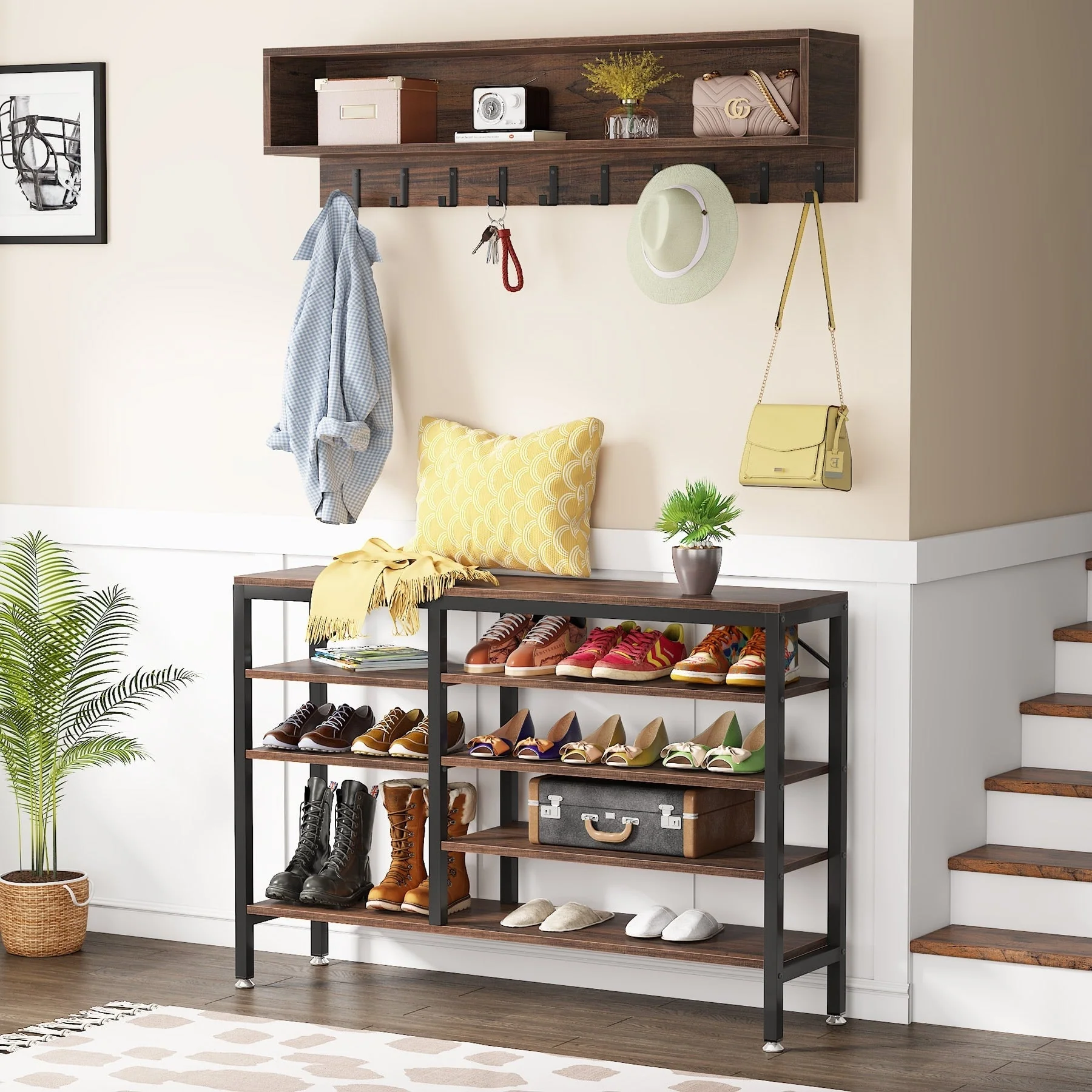 Entryway Coat Rack Shoe Bench Set, Industrial Hall Tree Coat Shoe Rack