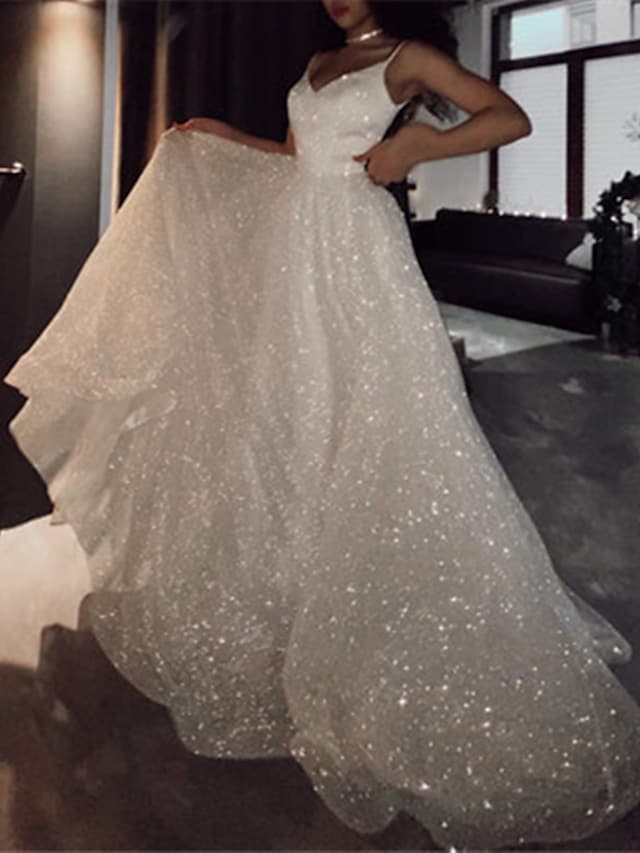 Ball Gown Prom Dresses Glittering Dress Wedding Party Court Train Sleeveless Spaghetti Strap Tulle with Sequin