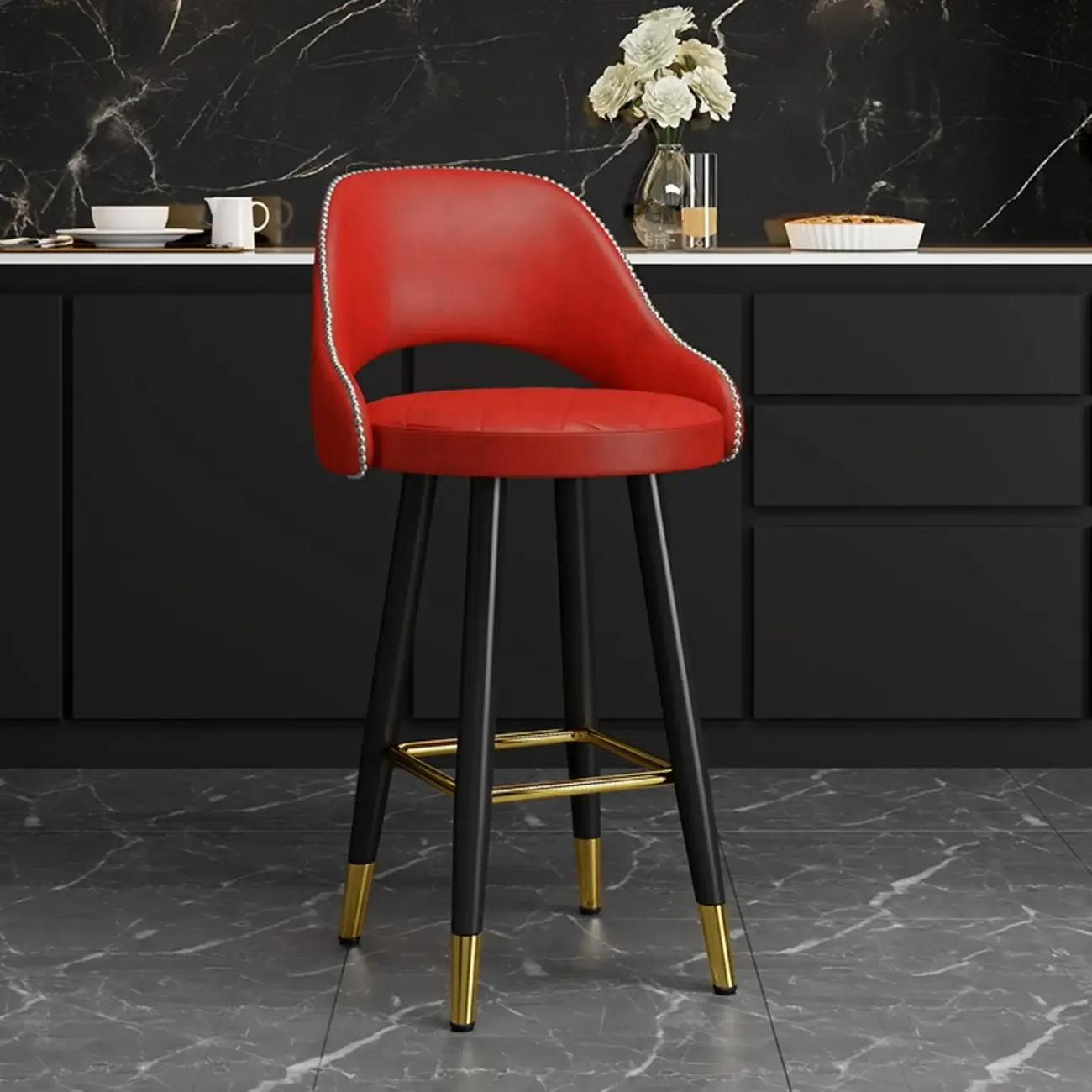 Modern Round Leather Curved Back Bar Stools