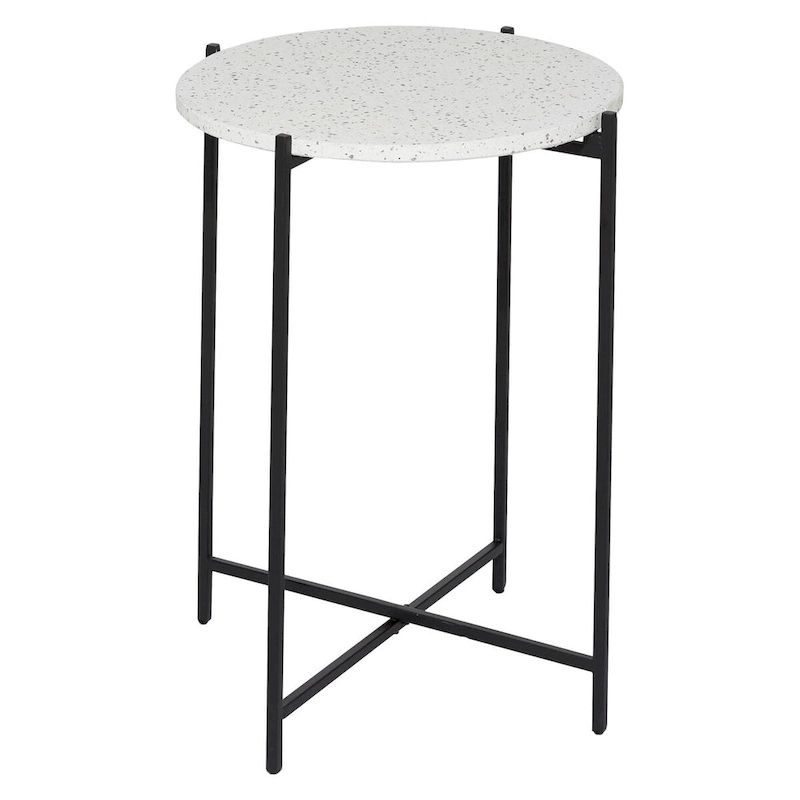 Terrazzo Stone Side End Accent Table with Black Metal X-Stand - White - Roche River Decor