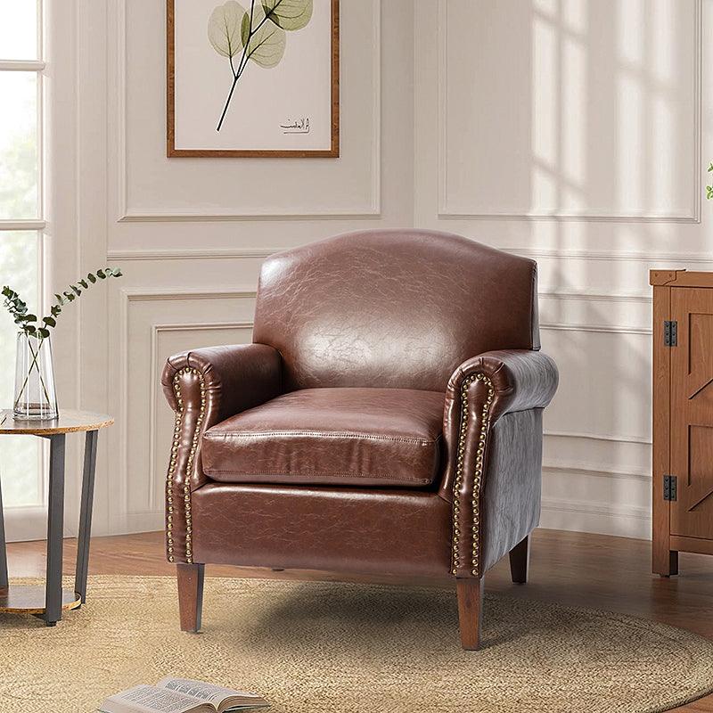PU Leather Camel Back Armchair with Nailhead Trim, Roll Arms, Foam Fill & Walnut Solid Wood Legs | Brown / Camel / Taupe / Navy / Black | Single Seat