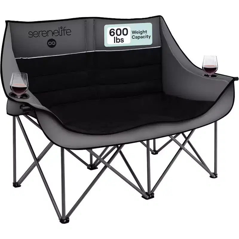 SereneLife Portable Folding Double Camping Loveseat Chair with Wine Glass Holders  Ideal for Beach or Outdoor Use (Black)