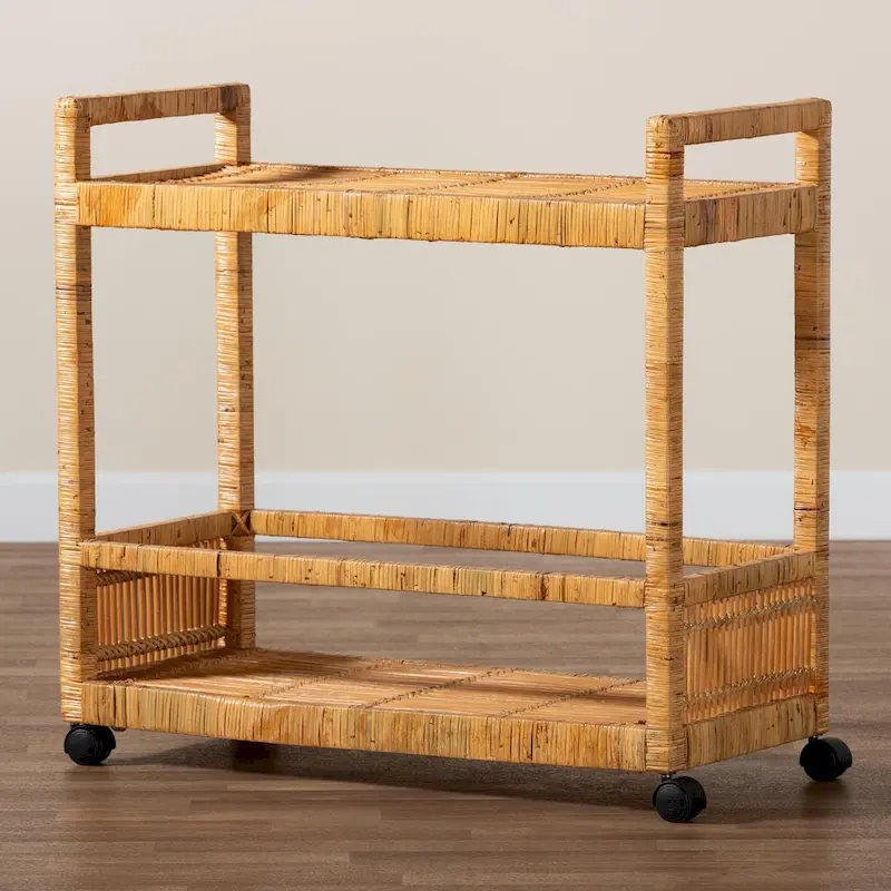 Genet Modern Bohemian Natural Brown Rattan and Teak Wood 2-Tier Kitchen Cart