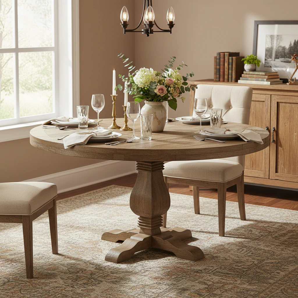 54 in. Round Dining Table, Natural Wood Finish – Brown, Seats 4–6