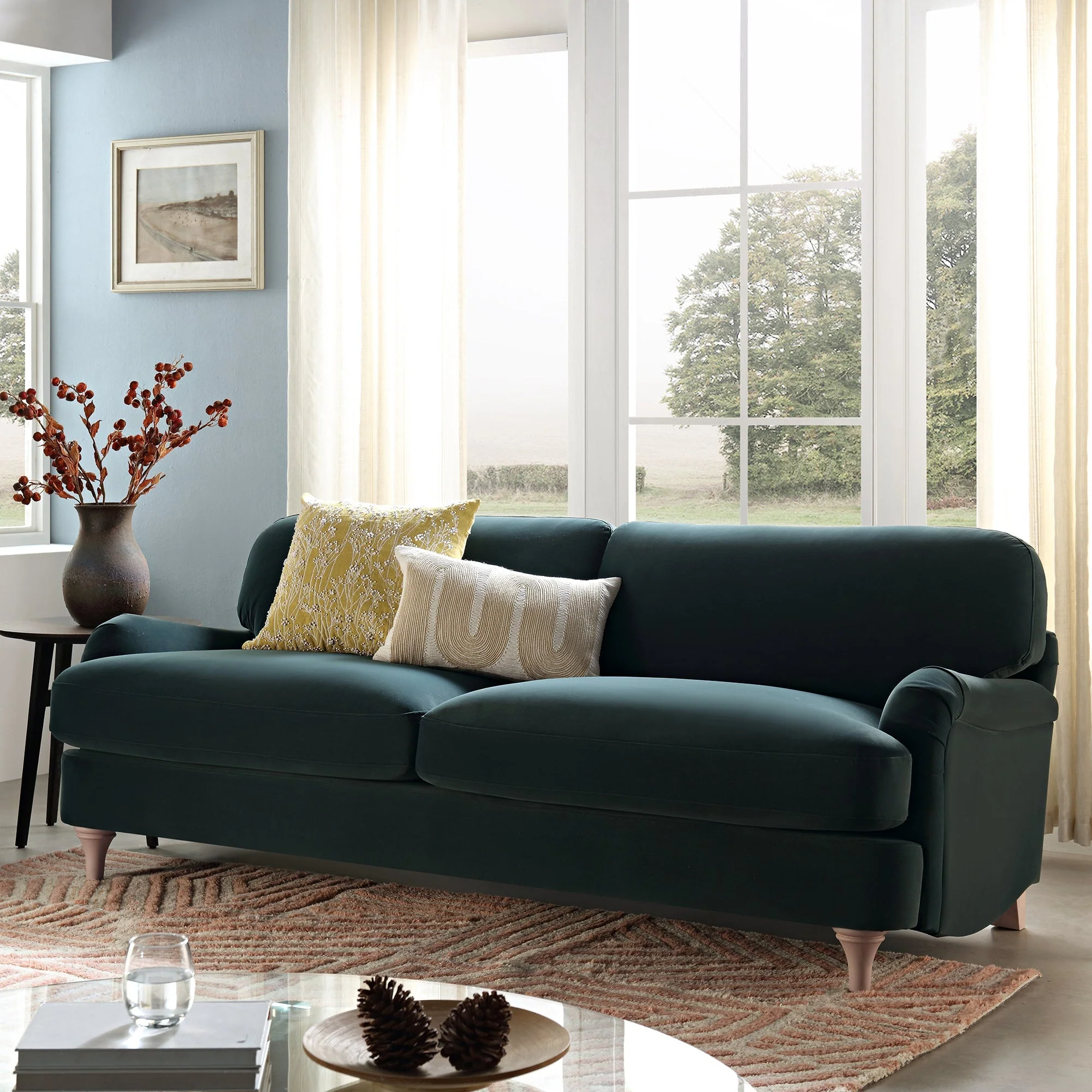 Aegean Blue Velvet Sofa, 3-Seater