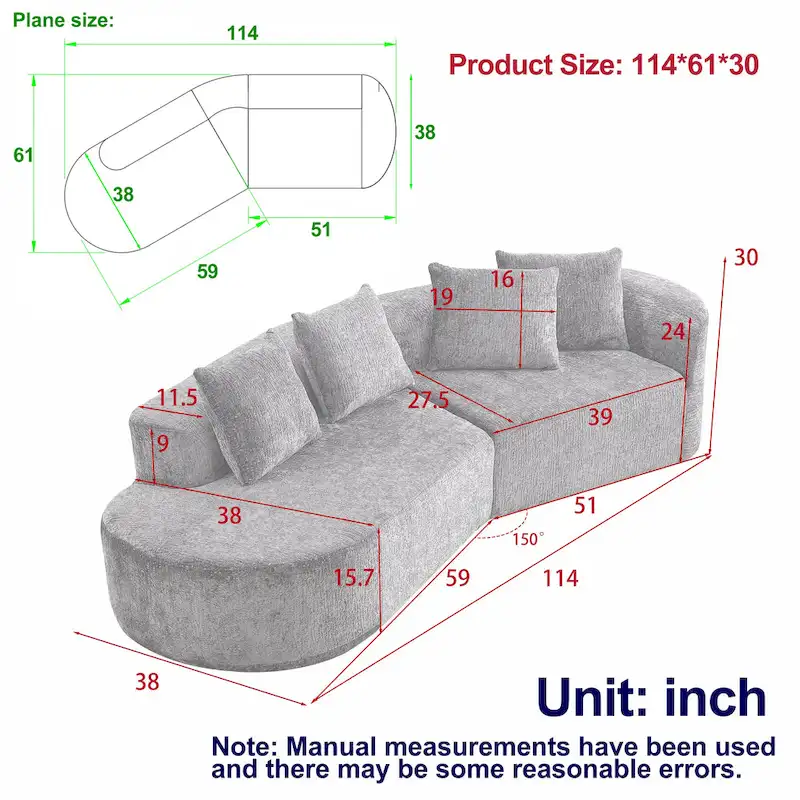 114 Chenille Cloud Sectional Sofa with Extra Deep Seating, and 4 Throw Pillows & No-Assembly Design