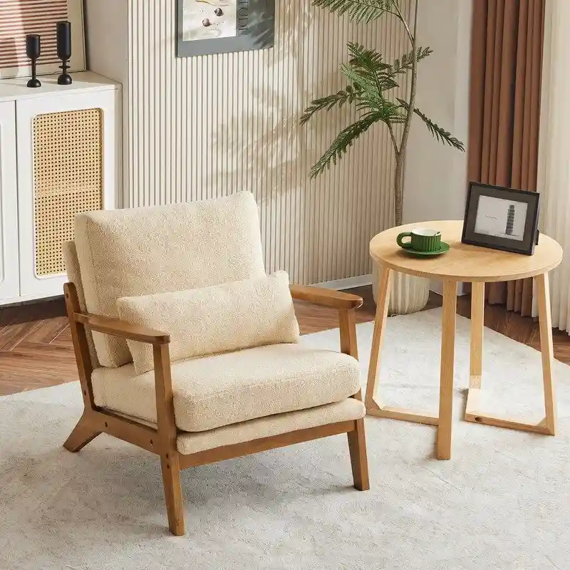 Upholstered Linen Blend Accent Chair with Wooden Legs and Pillow, Beige